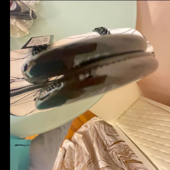 L.A.M.B. White Leather With Black Stripes & Black Studded Top Handle Satchel - Picture 9 of 12